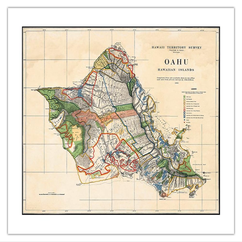 Oahu Hawaii - Hawaiian Islands - Survey Map - T.H. Territory of Hawaii USA - Vintage Map by John M. Donn c.1902 - Bamboo Fine Art 290gsm Paper (Unframed) 17x22in