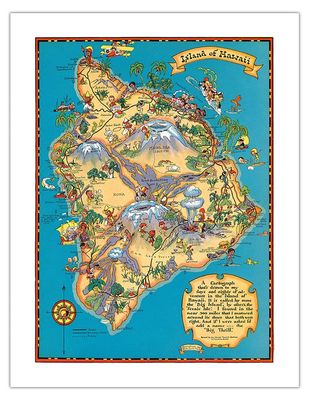 Hawaiian Island of Hawaii (Big Island) Map - Hawaii Tourist Bureau - Vintage Hawaiian Colored Cartographic Map by Ruth Taylor White c.1941 - Bamboo Fine Art 290gsm Paper (Unframed) 17x22in