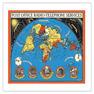 Post Office - International Radio Telephone Services - Vintage Pictorial Map by MacDonald (Max) Gill c.1935 - Bamboo Fine Art 290gsm Paper (Unframed) 17x22in