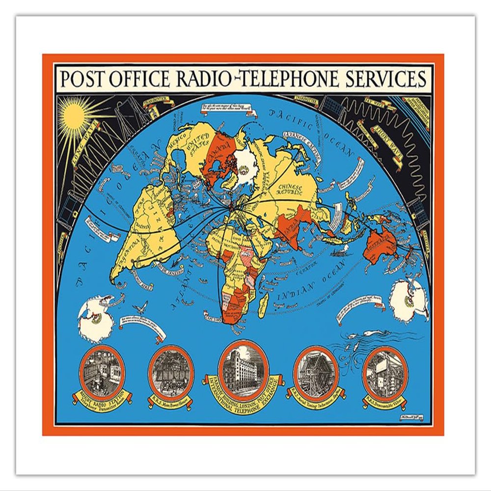 Post Office - International Radio Telephone Services - Vintage Pictorial Map by MacDonald (Max) Gill c.1935 - Bamboo Fine Art 290gsm Paper (Unframed) 17x22in