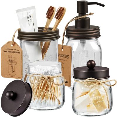 Amolliar Mason Jar Bathroom Accessories Set (4 Pcs) - Lotion Soap Dispenser & 2 Cotton Swab Holder & Toothbrush Holder-Rustic Farmhouse Decor, Countertop Vanity Organize, Bathroom Home Decor (Bronze)