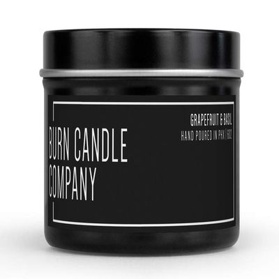 Grapefruit and Basil | Natural Soy Candle | Hand Poured in The USA | Long Lasting 48-56 Burn Time | Highly Scented Aromatherapy Candle | Contemporary Black Tin | 8 oz