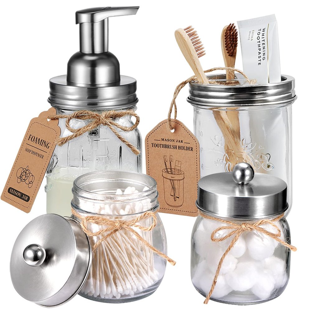 Amolliar Mason Jar Bathroom Accessories Set 4Pc - Foaming Soap Dispenser&2 Qtip Holders&Toothbrush Holder-Rustic Farmhouse Decor Bathroom Organizer Apothecary Jar Country Countertop (Brushed Nickel)