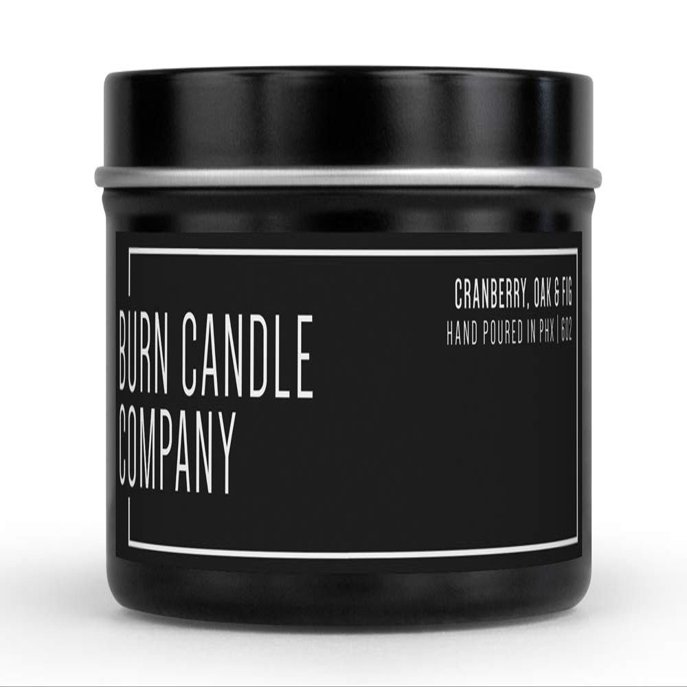Cranberry, Oak and Fig | Natural Soy Candle | Hand Poured in The USA | Long Lasting 48-56 Burn Time | Highly Scented Aromatherapy Candle | Contemporary Black Tin | 8 oz