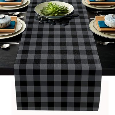 Double Love Farm Black and Grey Bufffalo Checkered Cotton Linen Table Runner 13 x 70 inch, Simple Plaid Non-Slip Rectangular Dining Table Decor for Wedding Party Holiday Dinner, Farmhouse
