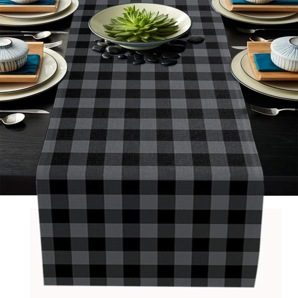 Double Love Farm Black and Grey Bufffalo Checkered Cotton Linen Table Runner 13 x 70 inch, Simple Plaid Non-Slip Rectangular Dining Table Decor for Wedding Party Holiday Dinner, Farmhouse