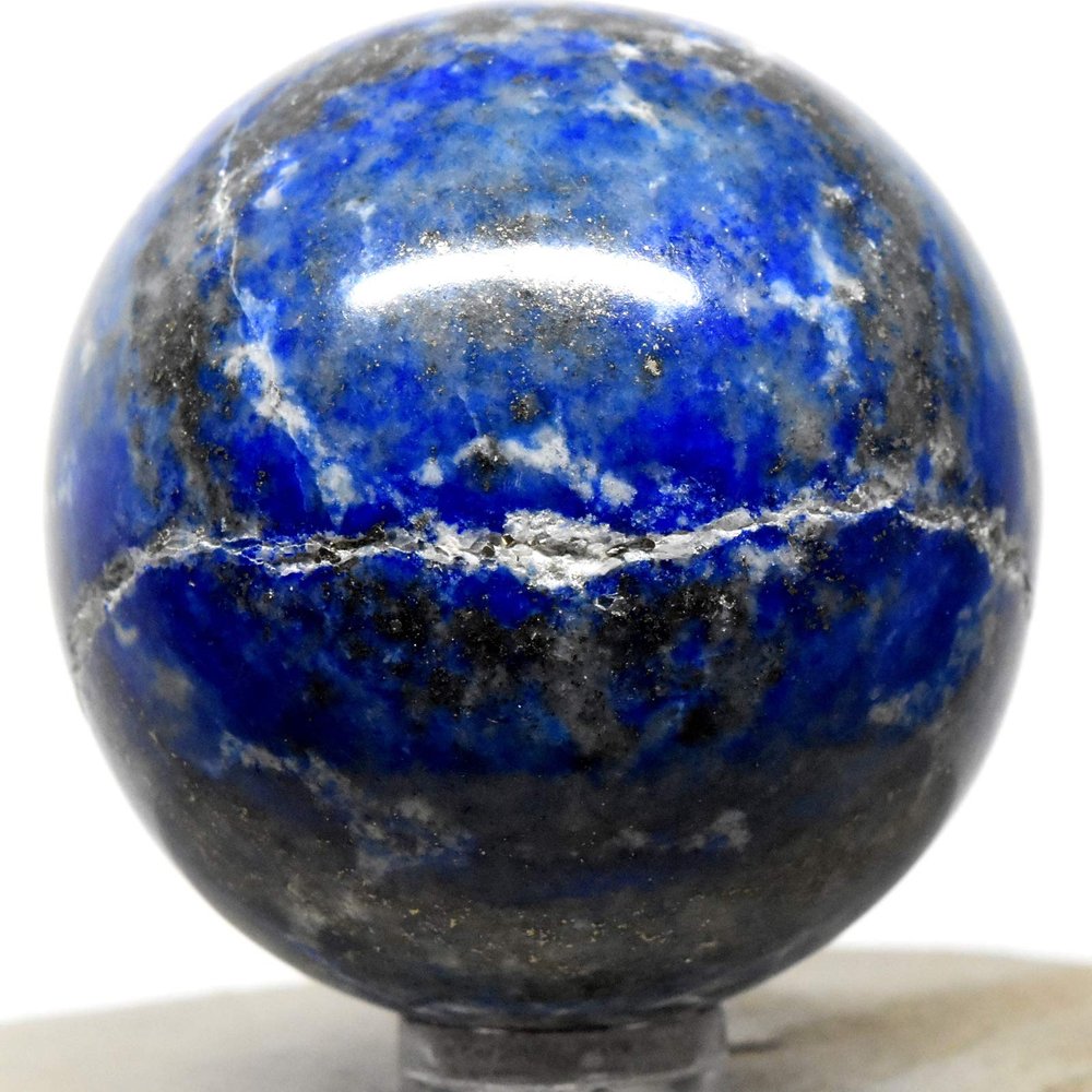 48mm 180g Blue Lapis Lazulie w/Pyrite & Calcite Small Druzy Sphere Polished Natural Sparkling Gemstone Crystal Mineral Ball - Afghanistan + Stand