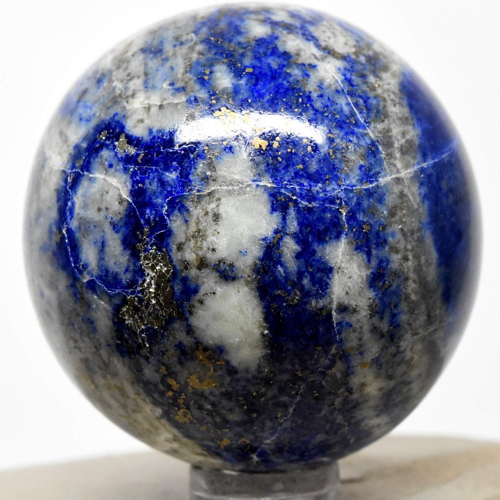 48mm 185g Rich Blue Lapis Lazuli w/Sparkling Golden Pyrite & Calcite Sphere Polished Natural Gemstone Crystal Mineral Ball - Afghanistan + Stand