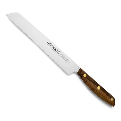Arcos Bread Knife 8 Inch Nitrum Stainless Steel and 200 mm blade. Obtain a great variety of cuts for your food. Ideal knife for daily domestic use. Series Nordika. Color Brown.