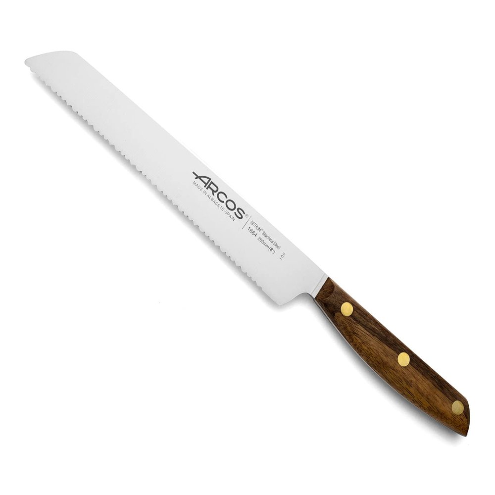 Arcos Bread Knife 8 Inch Nitrum Stainless Steel and 200 mm blade. Obtain a great variety of cuts for your food. Ideal knife for daily domestic use. Series Nordika. Color Brown.