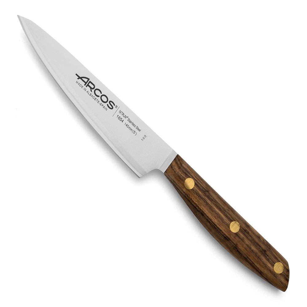 Arcos Chef Knife 5 Inch Stainless Steel. Professional Kitchen Knife for Cooking. Ovengkol Wood Handle 100% natural FSC and 140 mm Blade. Series Nordika. Color Brown.