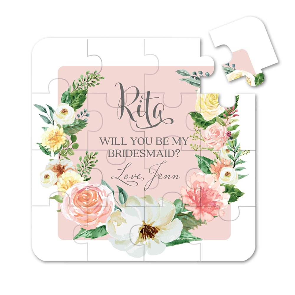 Personalized Bridesmaid Proposal Puzzle. Custom Will You Be My Bridesmaid Gift. Ask Bridesmaid with a Funny Proposal (Blush Garden Flowers)