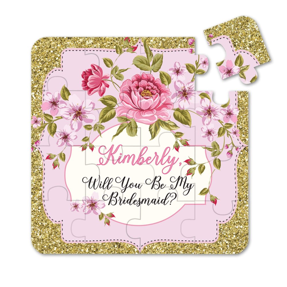 XOXOKristen Personalized Bridesmaid Proposal Puzzle. Custom Will You Be My Bridesmaid Gift. Ask Bridesmaid with a funny proposal (Vintage Flowers with Gold Frame)