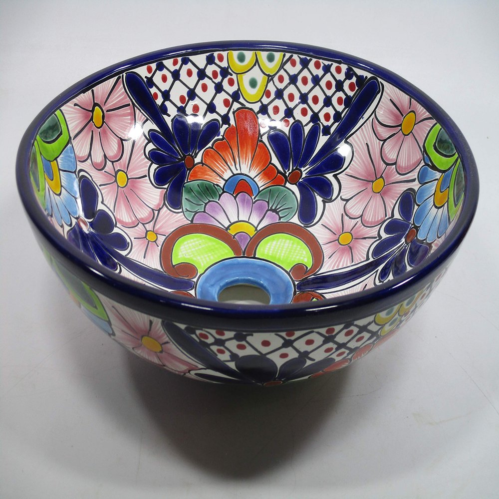 14" round TALAVERA VESSEL SINK Mexican handmade ceramic bathroom basin, folk art