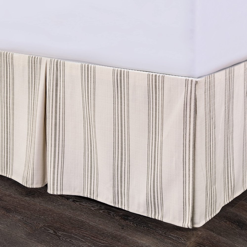 HiEnd Accents Prescott Farmhouse Bedding, King Size Striped Bed Skirt, Ivory Taupe Ticking Stripes Pattern Bed Skirts, Chic Casual Coastal Boho Style