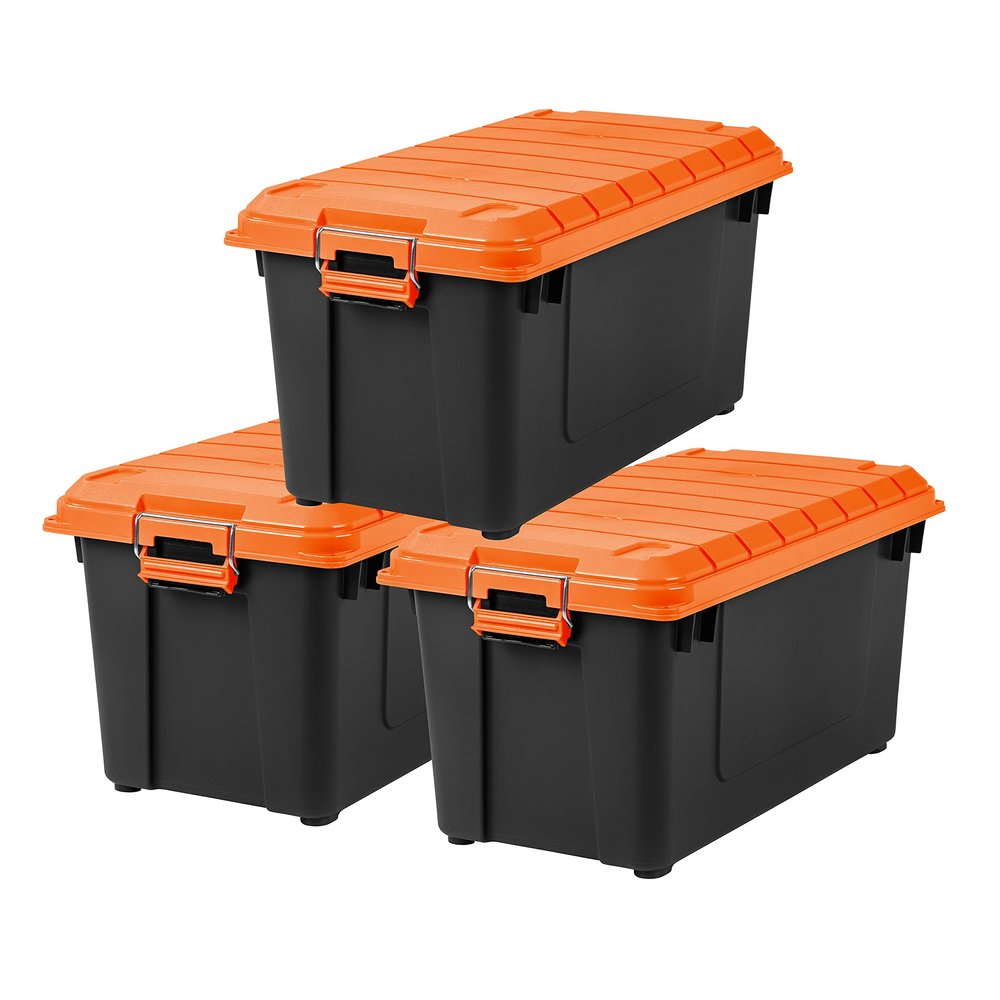 IRIS USA 21 Gallon Heavy-Duty Plastic Storage Bins, Store-It-All Container Totes with Durable Lid and Secure Latching Buckles, Garage and Metal Rack Organizing, Black/Orange, 3 Pack