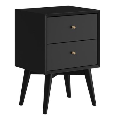 Alpine Furniture Flynn Mid Century Modern Mahogany Fully Assembled Bedroom Side Nightstand with 2 Bedside Storage Drawers, Black