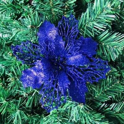 24Pcs Christmas Navy Blue Glitter Mesh Holly Leaf Artificial Poinsettia Flowers Picks Tree Ornaments 6.3"W for Navy Blue Christmas Tree Wreath Garland Floral Gift Winter Wedding Holiday Decoration
