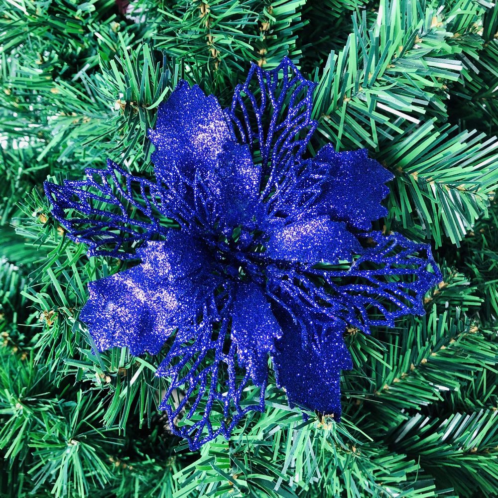 24Pcs Christmas Navy Blue Glitter Mesh Holly Leaf Artificial Poinsettia Flowers Picks Tree Ornaments 6.3"W for Navy Blue Christmas Tree Wreath Garland Floral Gift Winter Wedding Holiday Decoration