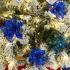 24Pcs Christmas Navy Blue Glitter Mesh Holly Leaf Artificial Poinsettia Flowers Picks Tree Ornaments 6.3"W for Navy Blue Christmas Tree Wreath Garland Floral Gift Winter Wedding Holiday Decoration view 3