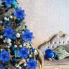 24Pcs Christmas Navy Blue Glitter Mesh Holly Leaf Artificial Poinsettia Flowers Picks Tree Ornaments 6.3"W for Navy Blue Christmas Tree Wreath Garland Floral Gift Winter Wedding Holiday Decoration view 4