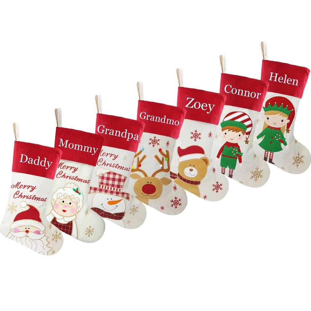 DearSun Set of 7, 18" Personalized Christmas Stockings with Exquisite Embroidered Names, Santa,Mrs.Claus,Snowman,Deer,Bear,Elf Boy&Girl Characters,Quality Linen Stockings for Decor