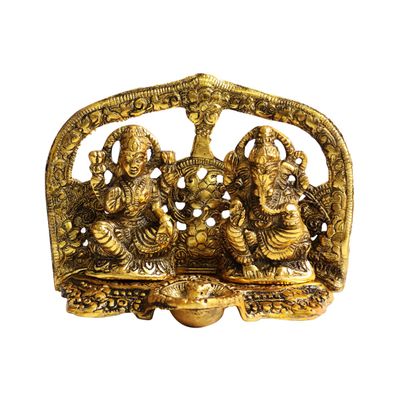 ShubhanjaliMetal Lakshmi Ganesh at Chowki Statue,Oil Lamp Diya Deepak Chowki,Laxmi Ganesh Idol Decorative Platter with Diya,Metal Plated Lakshmi Ganesha Idols for Diwali Gifts Puja,Murti for Pooja