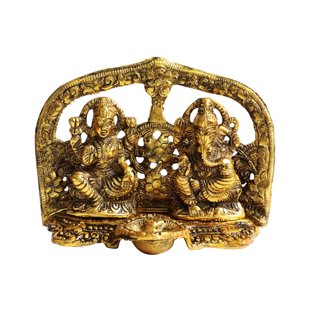 ShubhanjaliMetal Lakshmi Ganesh at Chowki Statue,Oil Lamp Diya Deepak Chowki,Laxmi Ganesh Idol Decorative Platter with Diya,Metal Plated Lakshmi Ganesha Idols for Diwali Gifts Puja,Murti for Pooja