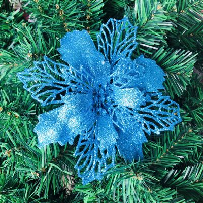 24Pcs Christmas Teal Blue Glitter Mesh Holly Leaf Artificial Poinsettia Flowers Picks Tree Ornaments 6.3"W for Teal Blue Christmas Tree Wreath Garland Floral Gift Winter Wedding Holiday Decoration
