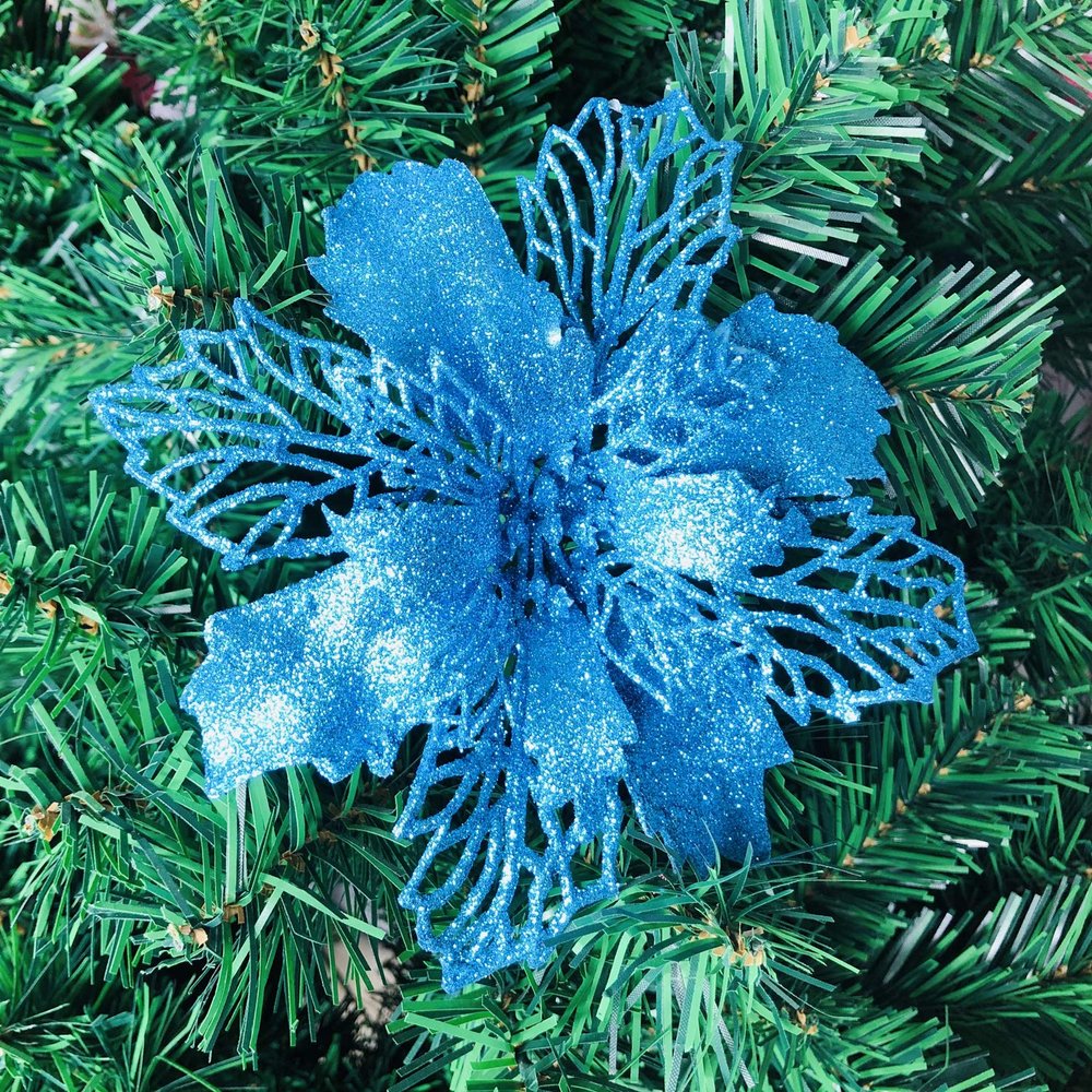 24Pcs Christmas Teal Blue Glitter Mesh Holly Leaf Artificial Poinsettia Flowers Picks Tree Ornaments 6.3"W for Teal Blue Christmas Tree Wreath Garland Floral Gift Winter Wedding Holiday Decoration