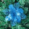 24Pcs Christmas Teal Blue Glitter Mesh Holly Leaf Artificial Poinsettia Flowers Picks Tree Ornaments 6.3"W for Teal Blue Christmas Tree Wreath Garland Floral Gift Winter Wedding Holiday Decoration view 1