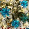 24Pcs Christmas Teal Blue Glitter Mesh Holly Leaf Artificial Poinsettia Flowers Picks Tree Ornaments 6.3"W for Teal Blue Christmas Tree Wreath Garland Floral Gift Winter Wedding Holiday Decoration view 4