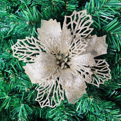 24Pcs Christmas Champagne Glitter Mesh Holly Leaf Artificial Poinsettia Flowers Picks Tree Ornaments 6.3"W for Champagne Christmas Tree Wreath Garland Floral Gift Winter Wedding Holiday Decoration