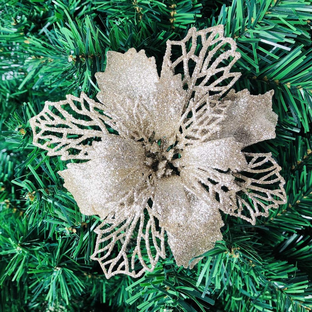 24Pcs Christmas Champagne Glitter Mesh Holly Leaf Artificial Poinsettia Flowers Picks Tree Ornaments 6.3"W for Champagne Christmas Tree Wreath Garland Floral Gift Winter Wedding Holiday Decoration