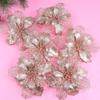 24Pcs Christmas Champagne Glitter Mesh Holly Leaf Artificial Poinsettia Flowers Picks Tree Ornaments 6.3"W for Champagne Christmas Tree Wreath Garland Floral Gift Winter Wedding Holiday Decoration view 4
