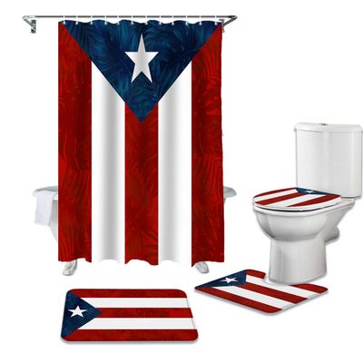 ALAGEO 4 Piece Shower Curtain Sets Puerto Rico Flag Shower Curtain Sets with U Shape Rug Toilet Lid Cover Bath Mat Waterproof Shower Curtain Red Stripes and Blue Patriot Star Non-Slip Bath Sets