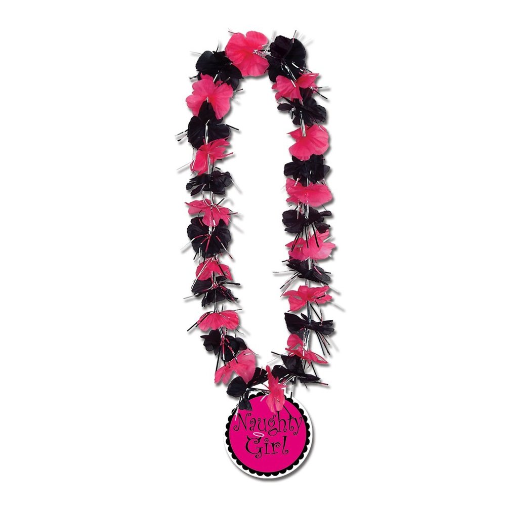 Club Pack of 12 Pink and Black Naughty Girl Medallion Bachelorette Party Leis 33"