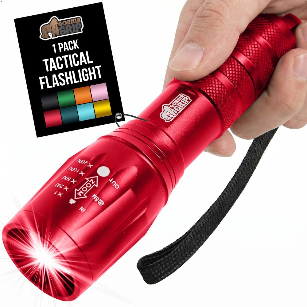 GORILLA GRIP Powerful LED Handheld Tactical Flashlight, Red