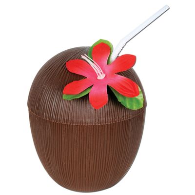 Club Pack of 12 Brown Tropical Island Coconut with Flower Drinking Party Cup 16 oz.