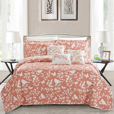 3 Piece Birdsong Cotton Coral Bedspread King Sham/king Size Quilt All Season Graphic Print Nature Charm Butterflies Floral Leaf Vines Lightweight Coverlet Set Ultra-Soft Reversible Costal Bedding Set