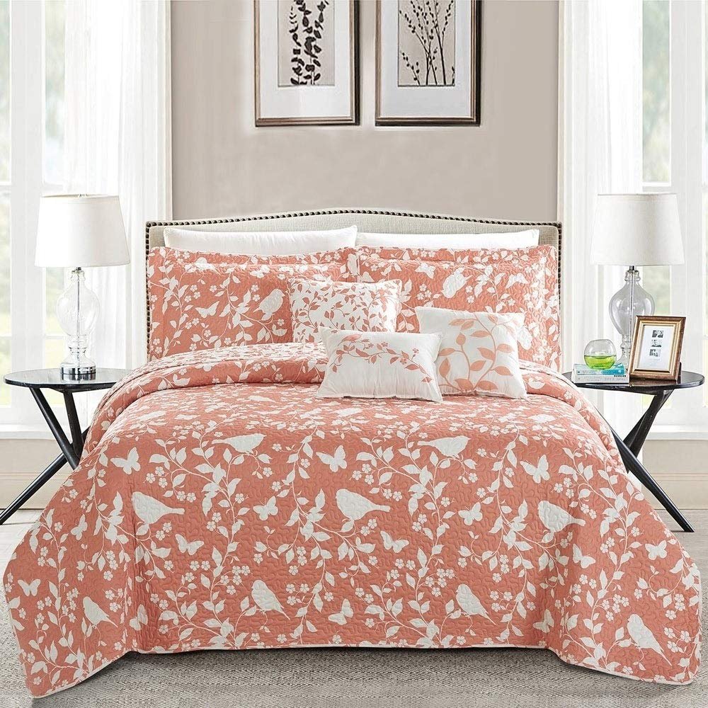 3 Piece Birdsong Cotton Coral Bedspread King Sham/king Size Quilt All Season Graphic Print Nature Charm Butterflies Floral Leaf Vines Lightweight Coverlet Set Ultra-Soft Reversible Costal Bedding Set