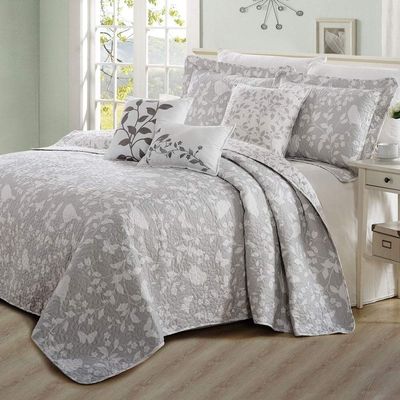 3piece Birdsong Cotton Charcoal Grey Bedspread King Sham/King Size Quilt All Season Graphic Print Nature Charm Butterflies Floral Leaf Vines Lightweight Coverlet Set Soft Reversible Costal Bedding Set