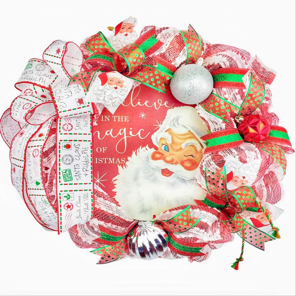 Artisan 20x20x6 "Believe in the Magic of Christmas" Santa Claus Wreath with Ornaments & a 12' Metal Sign & Christmas Ribbon. Wreath is Very Full, Made with 30 Feet of Snow Metallic Fabric