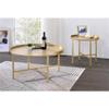 Acme Mithea Round Wooden Top End Table with Cross Bar Base in Oak and Gold view 4
