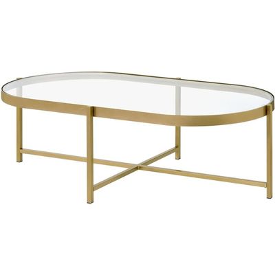 Acme Charrot Glass Top Coffee Table with Cross Bar Base in Clear Glass and Gold
