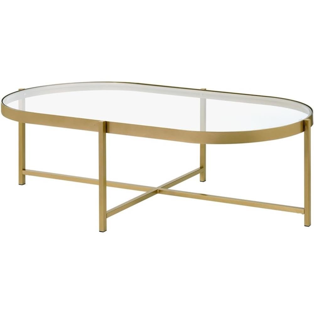 Acme Charrot Glass Top Coffee Table with Cross Bar Base in Clear Glass and Gold
