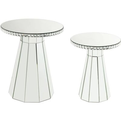 Acme Lotus Glass Accent Table with Round Top in Mirroed and Faux Cyrstals Inlay