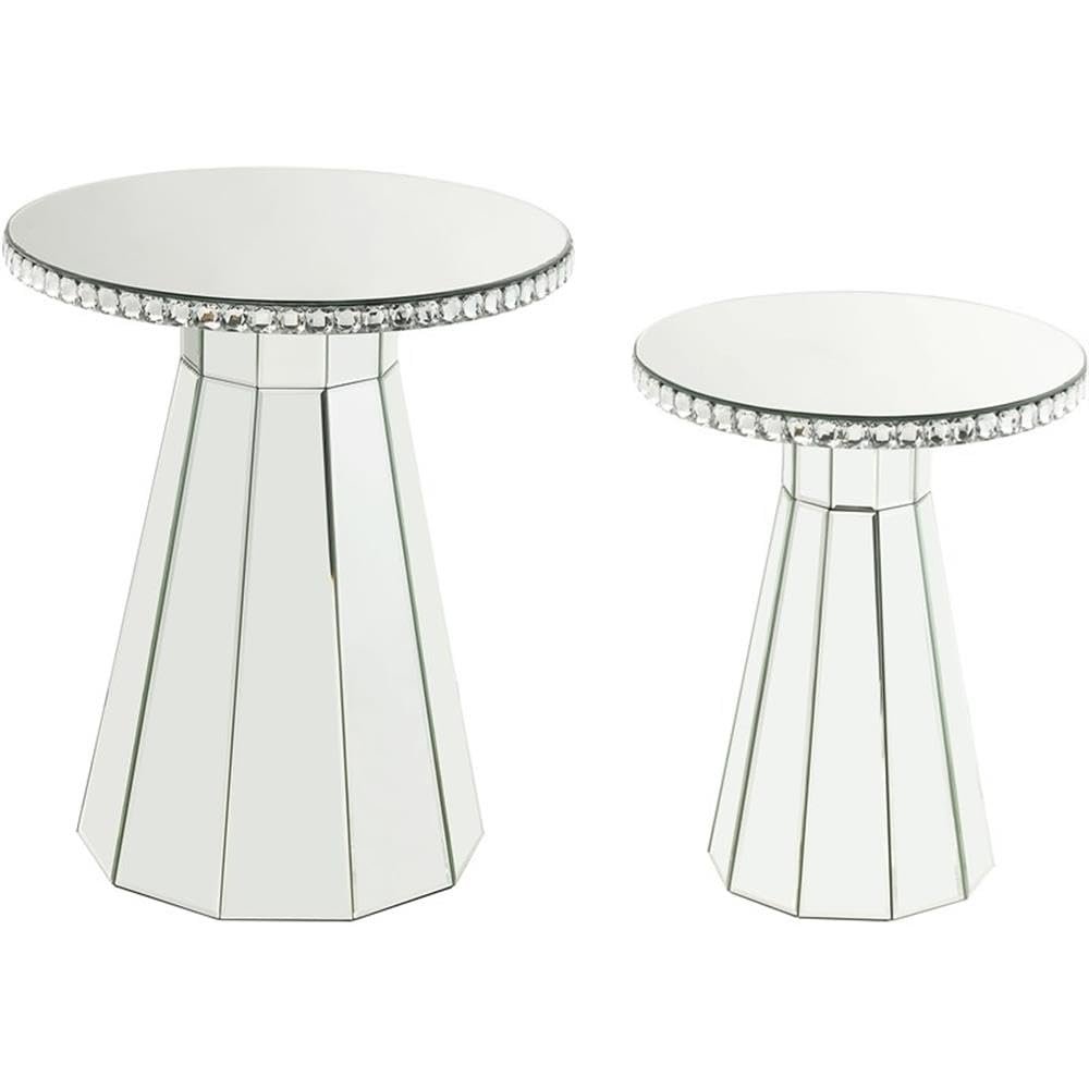 Acme Lotus Glass Accent Table with Round Top in Mirroed and Faux Cyrstals Inlay