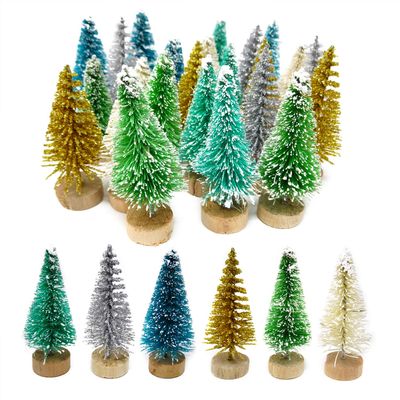 Honbay 24PCS Artificial Multicolor Mini Sisal Snow Frost Trees Pine Trees with Wood Base Winter Snow Ornaments Tabletop Trees for Christmas Crafting, Displaying and Decoration