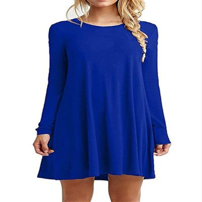 Andongnywell Women's Long Sleeve Pockets Casual Swing T-Shirt Dresses Solid Colors Simple Loose Dress (Blue,X-Large)